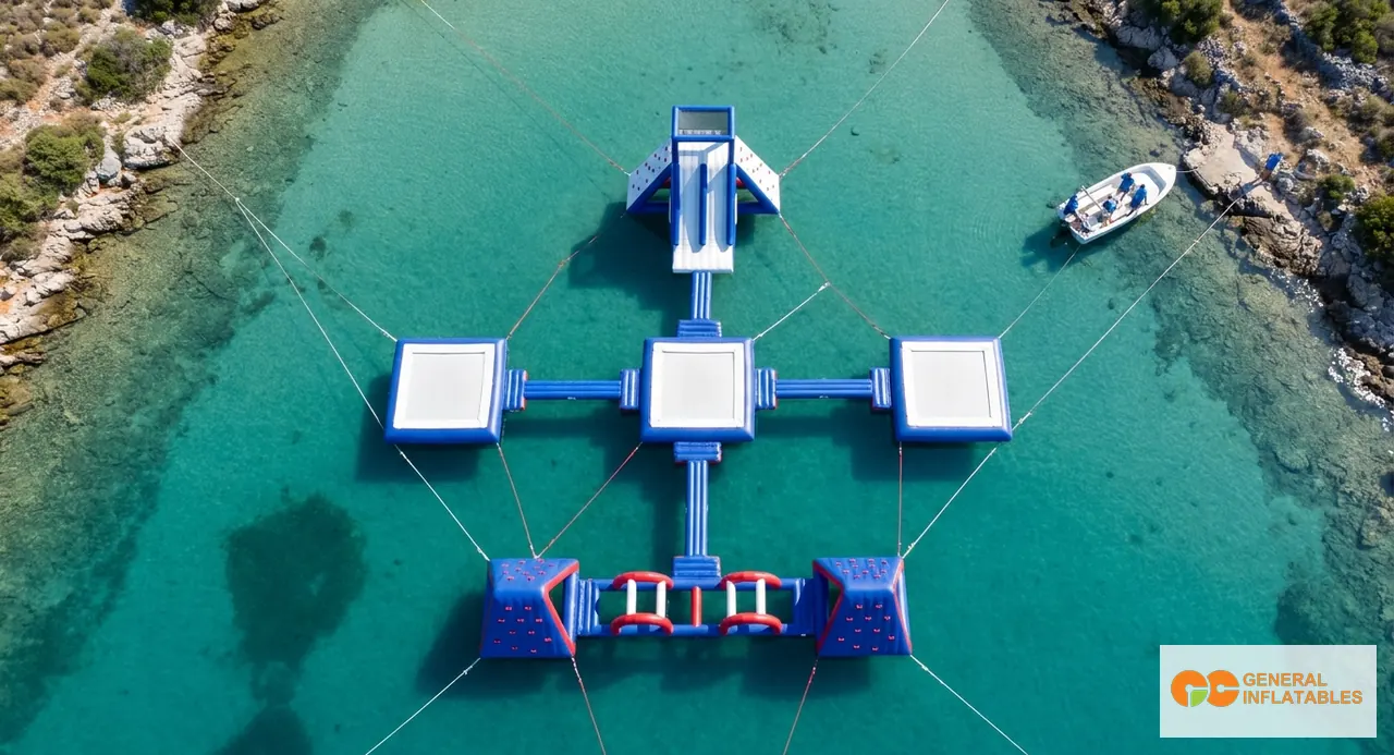Vue aérienne d'un parc aquatique gonflable modulaire montrant des grappes de modules distinctes dans une baie abritée