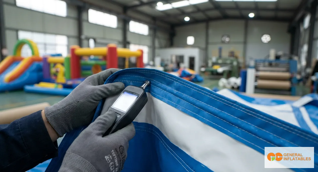 Atelier de production d'usine d'inflatables montrant des soudures sur panneaux de châteaux gonflables commerciaux
