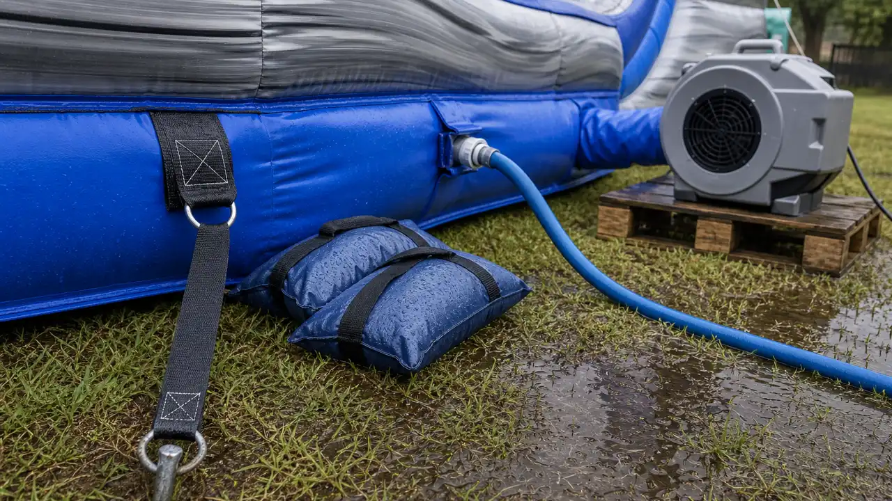 Installation et réception d'un toboggan aquatique gonflable : eau, drainage, ancrage en milieu humide