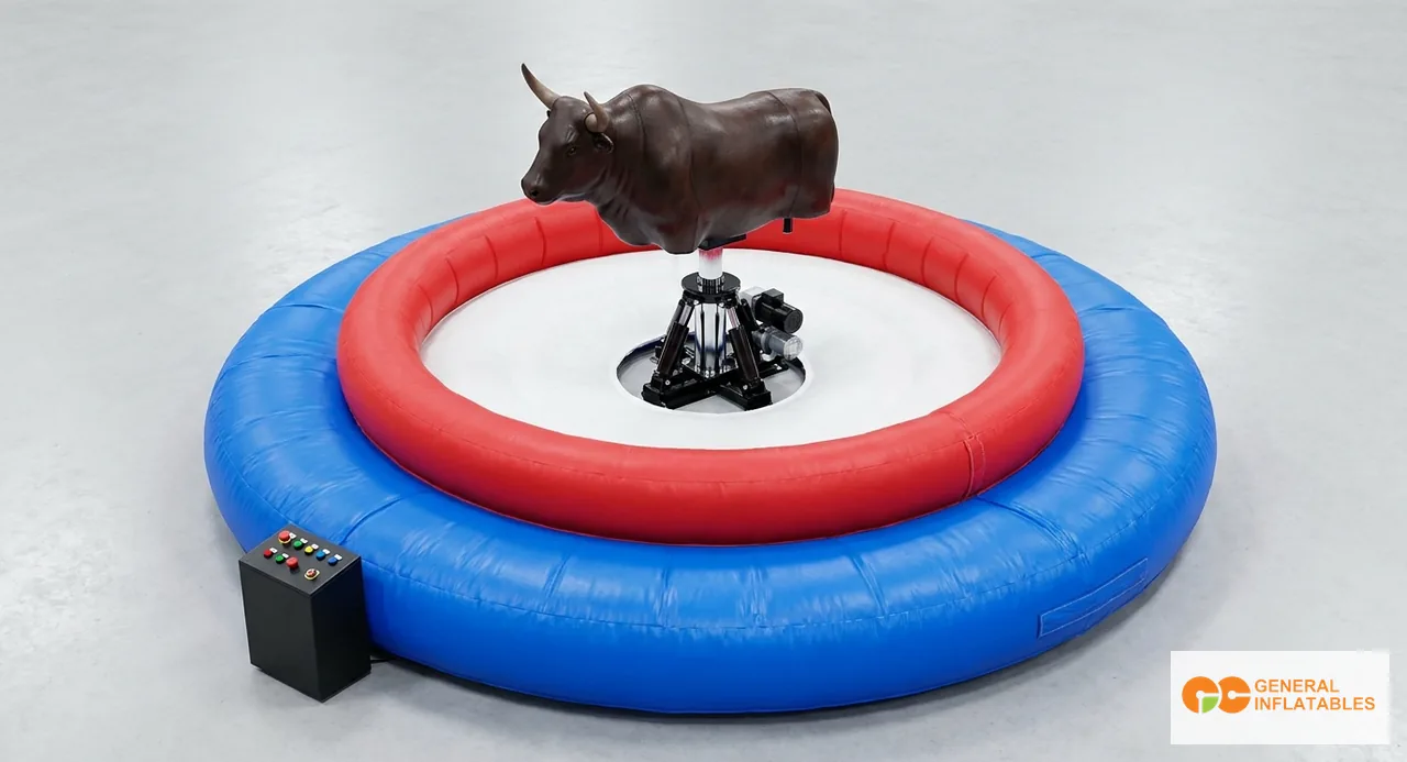 Manège de taureau mécanique gonflable lors d'un festival montrant le corps du taureau sur une base hydraulique au centre d'un matelas de réception circulaire matelassé avec des parois latérales surélevées