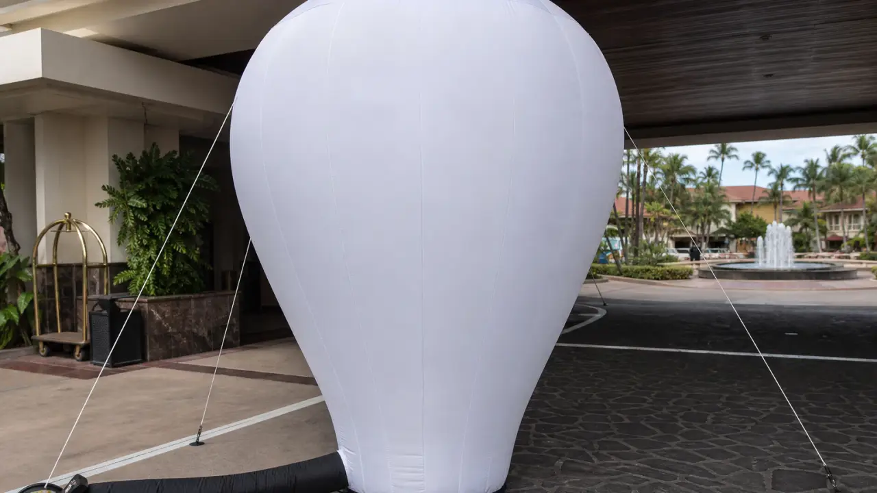 Arche gonflable et ballon à air froid à l'entrée d'un commerce
