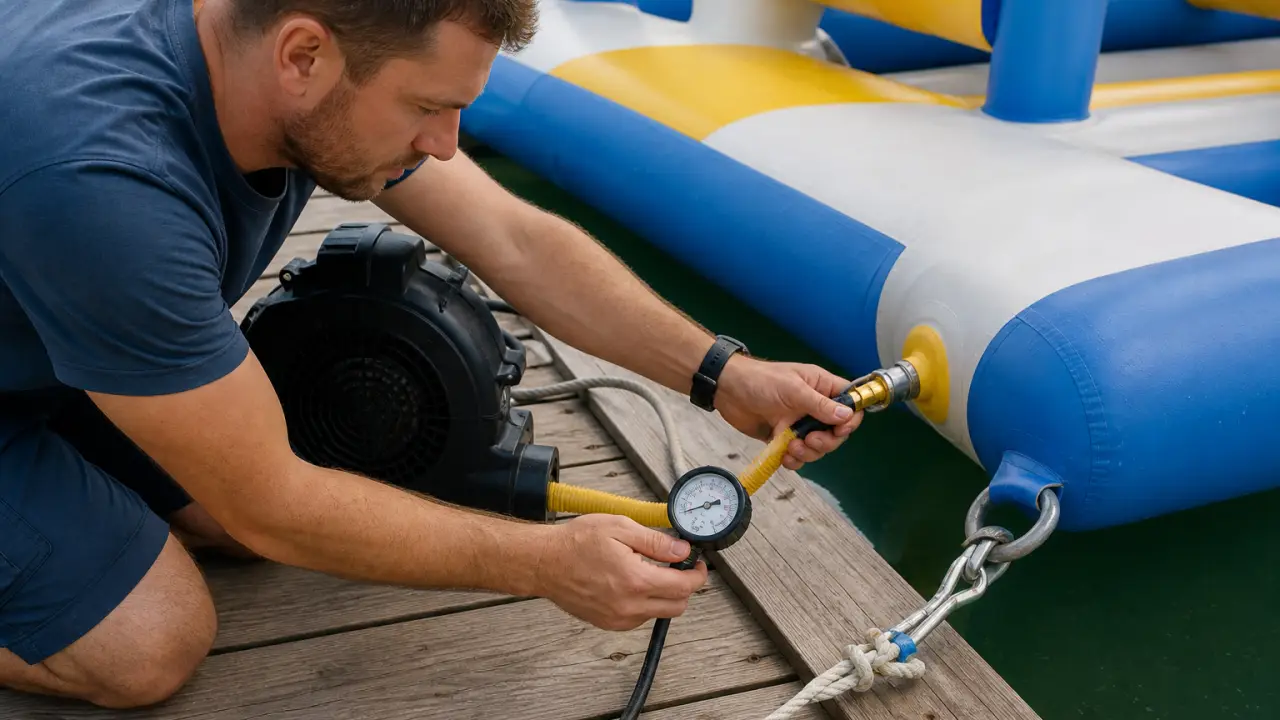 Technicien de maintenance vérifiant le souffleur et le point d'ancrage sur un module de parc aquatique gonflable