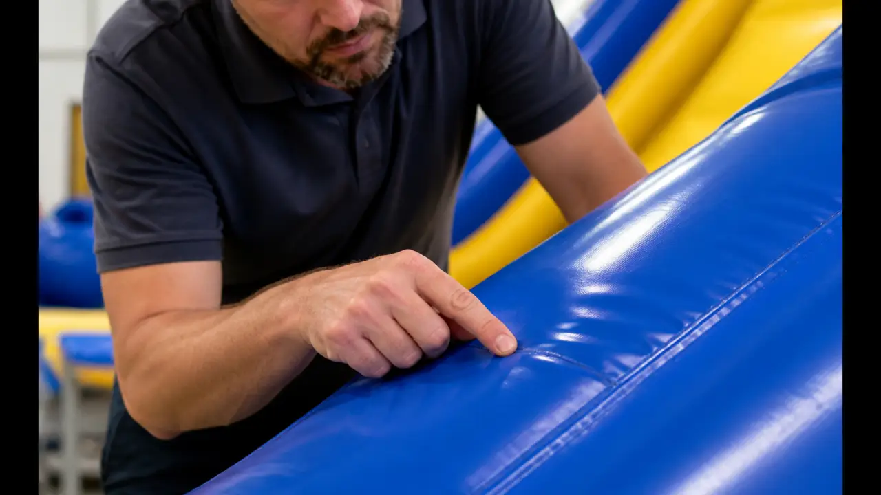 Contrôle qualité d'une couture de toboggan aquatique gonflable pendant la production OEM