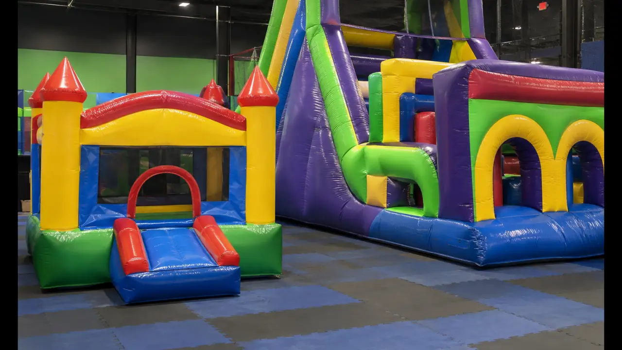 Château gonflable pour tout-petits à côté d'une unité de parcours d'obstacles plus haute dans un centre de divertissement familial