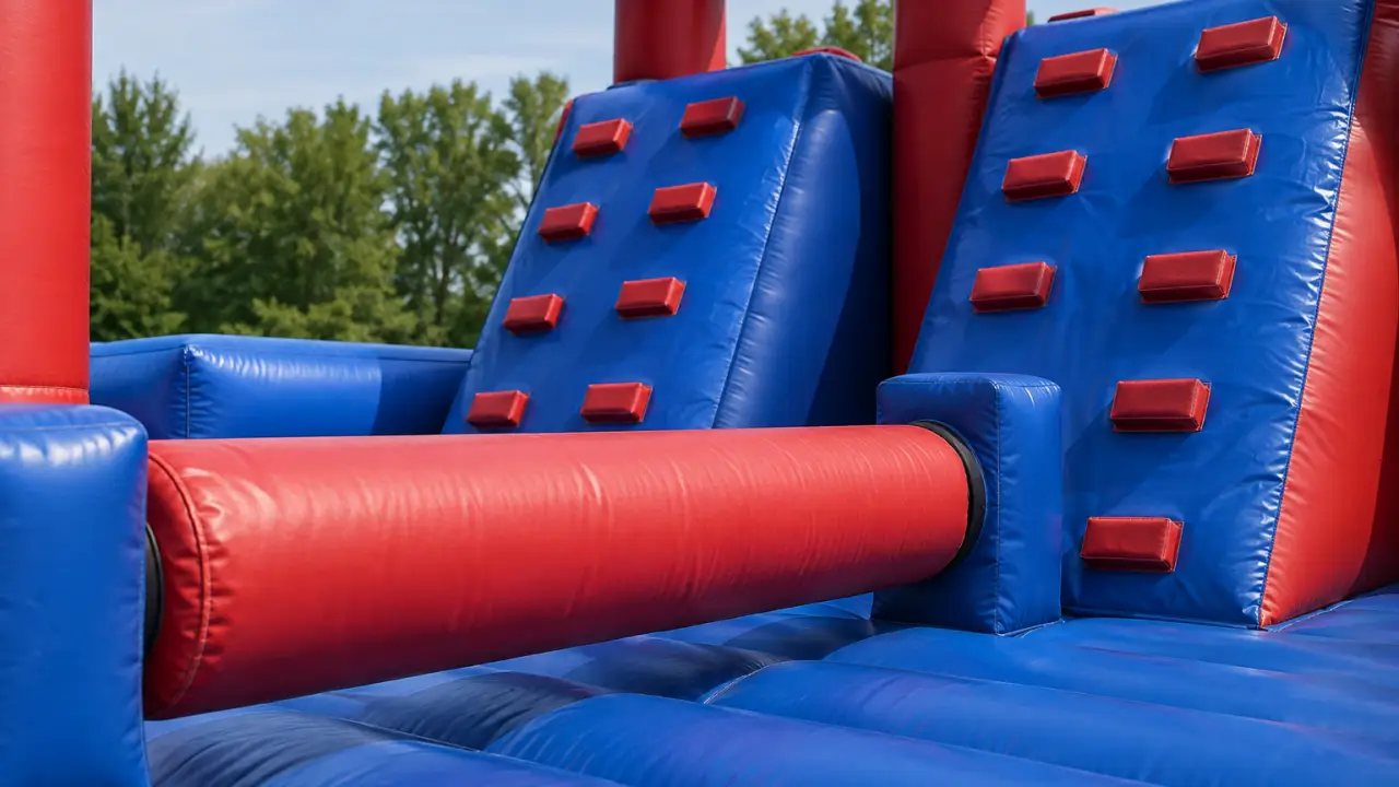 Stations de tronc roulant et de mur d'escalade incliné sur un parcours ninja warrior gonflable