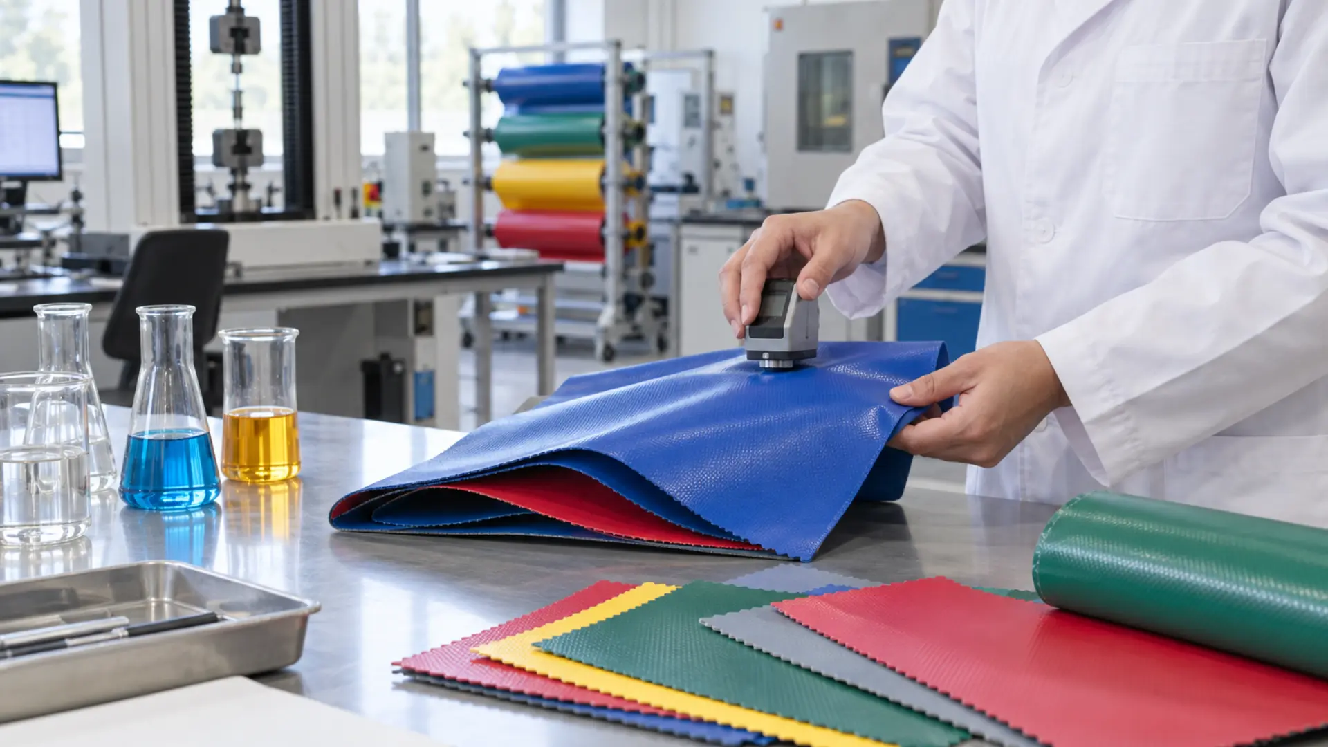 lab technician testing PVC fabric samples for chemical compliance