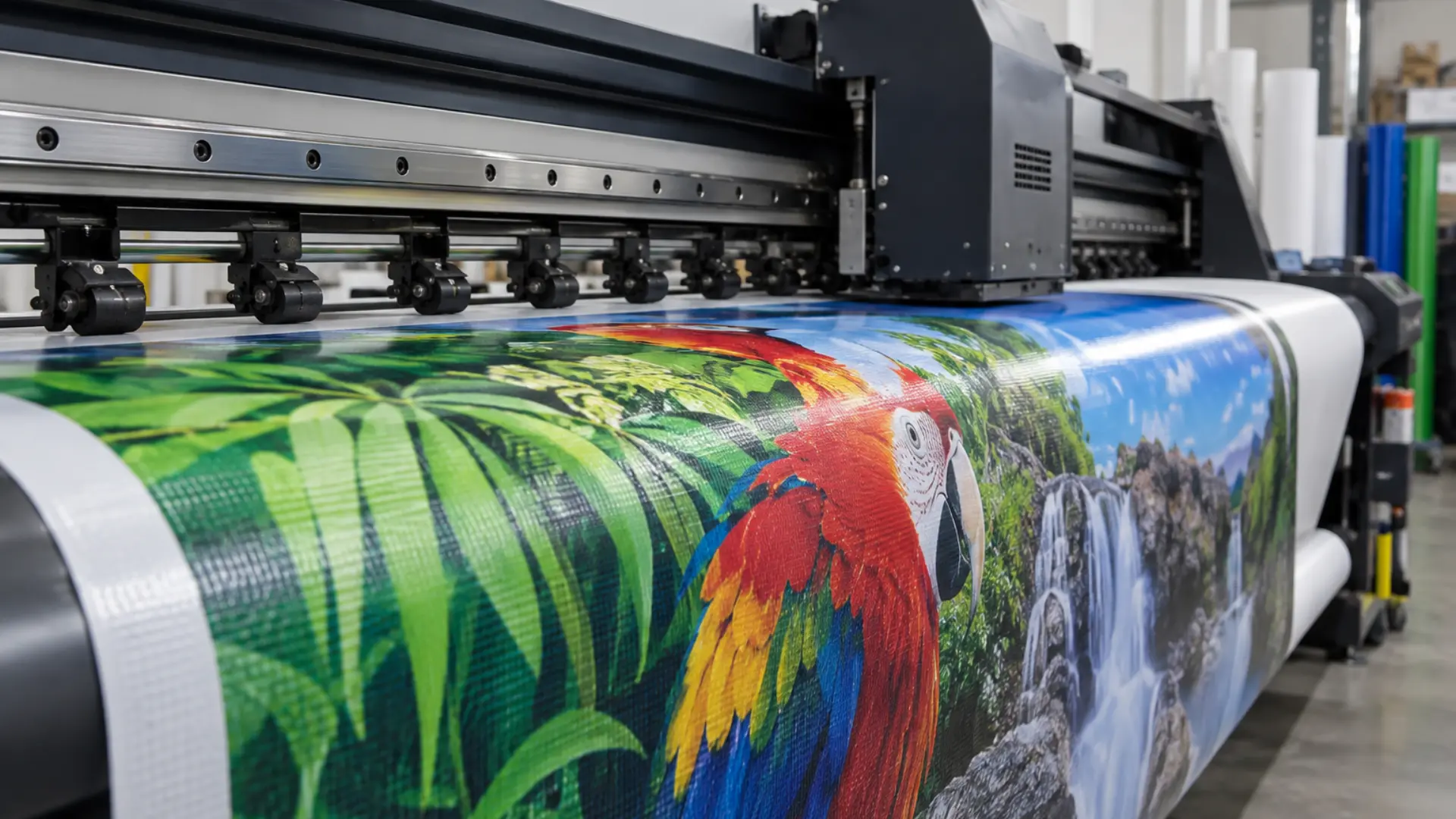 gros plan de graphismes imprimés en numérique par impression intégrale sur un panneau en tissu PVC gonflable commercial