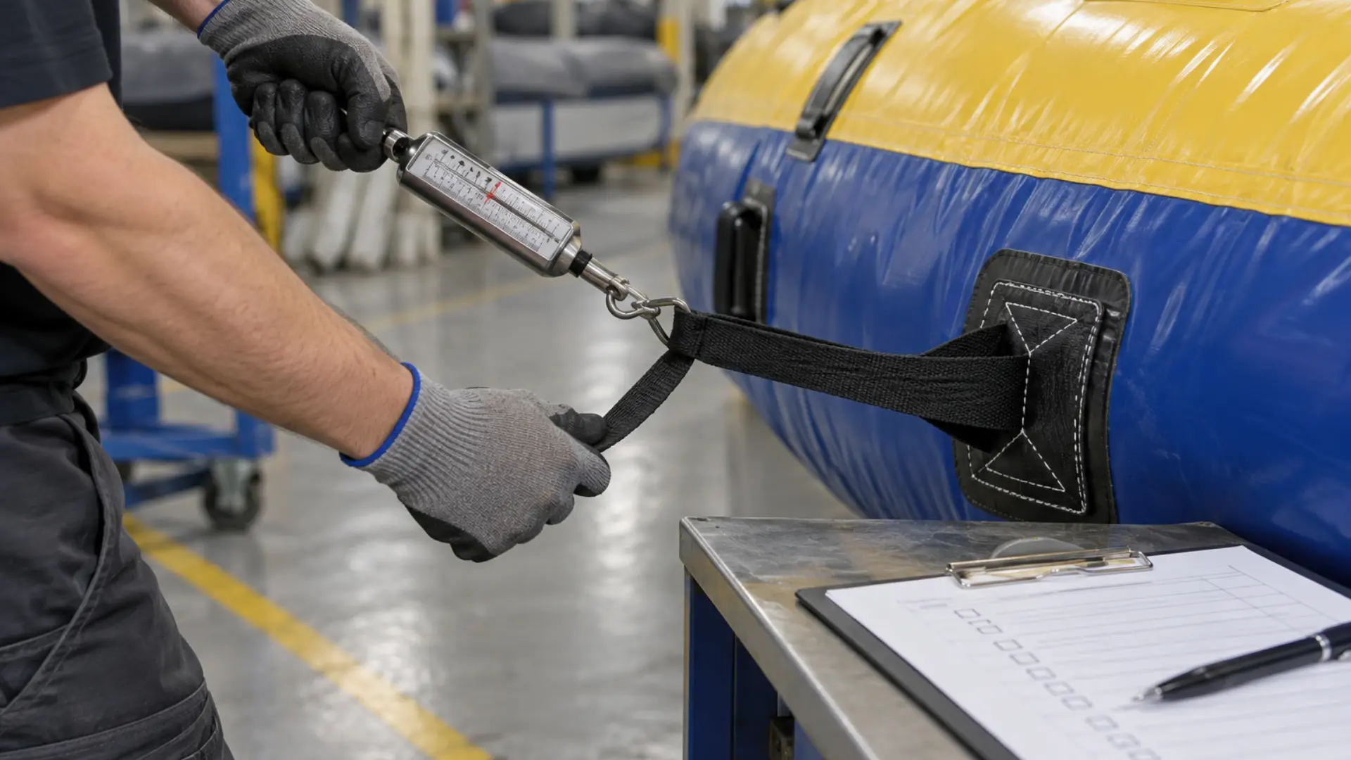 gros plan d'un technicien testant la traction d'une boucle de point d'ancrage gonflable dans une zone de contrôle qualité en usine