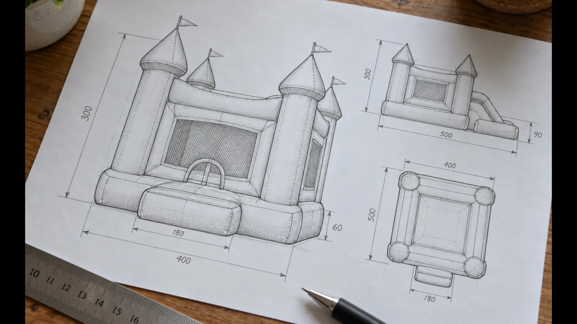 gros plan sur une fiche technique de produit gonflable imprimée avec dimensions et dessins sur un bureau