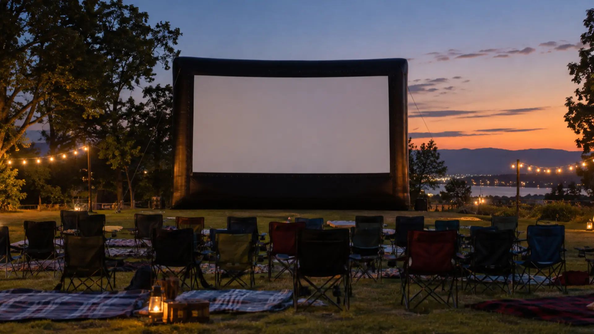 grand écran de cinéma gonflable en plein air installé au crépuscule avec des rangées de chaises de pelouse vides face à lui