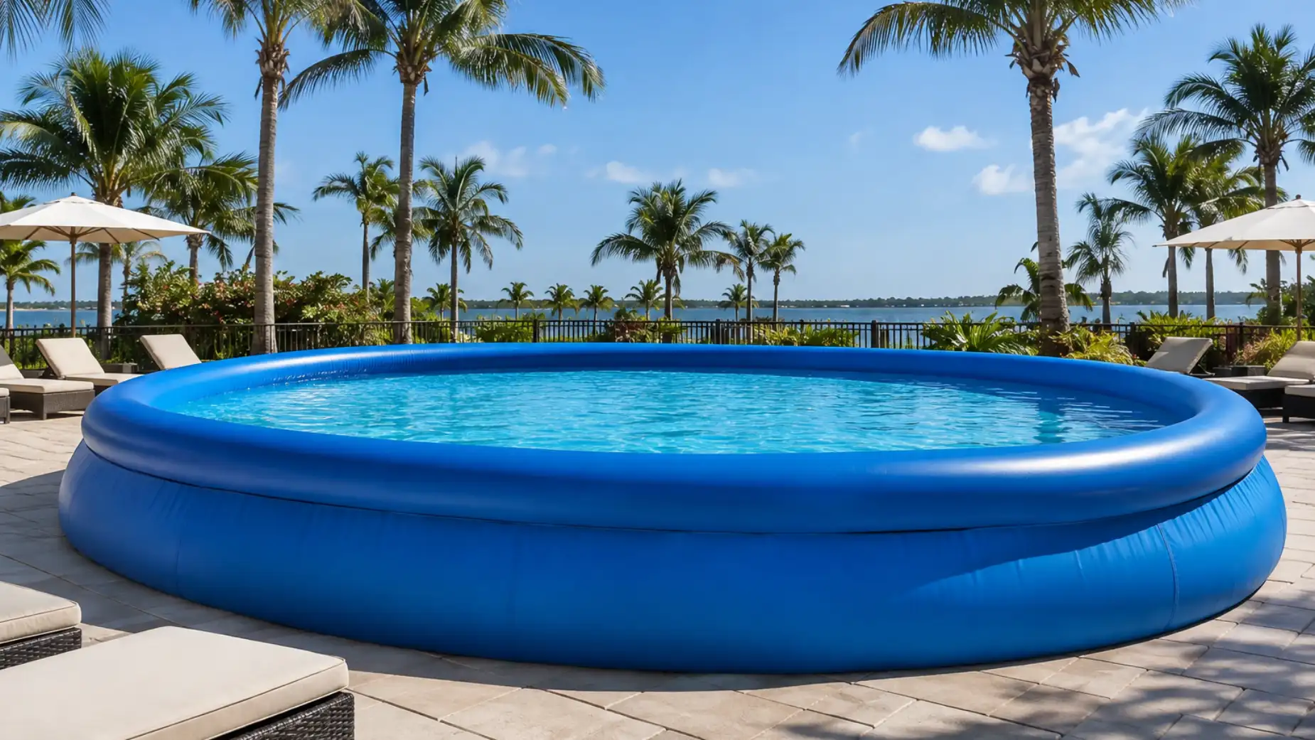 commercial inflatable pool installed on a level paved surface at a resort