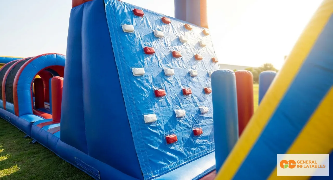 Vue latérale d'un long parcours d'obstacles gonflable commercial installé sur l'herbe avec plusieurs modules : entrée de tunnel, mur d'escalade au milieu, butoirs pop-up, couloirs de poursuite et toboggan de sortie à l'extrémité