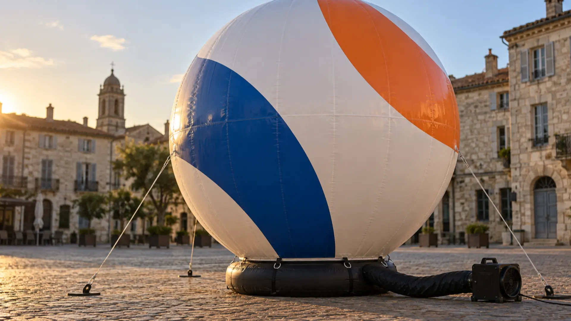 grand ballon publicitaire à air pulsé avec marquage publicitaire abstrait ancré sur une place de village en France
