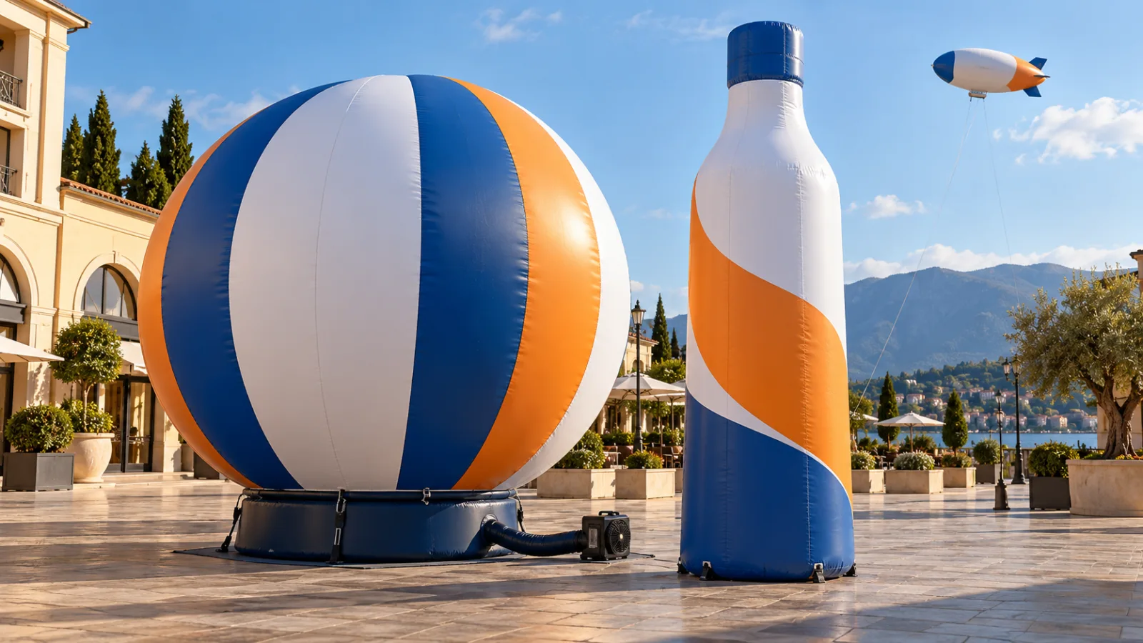 Advertising balloon, custom bottle-shaped inflatable and tethered blimp