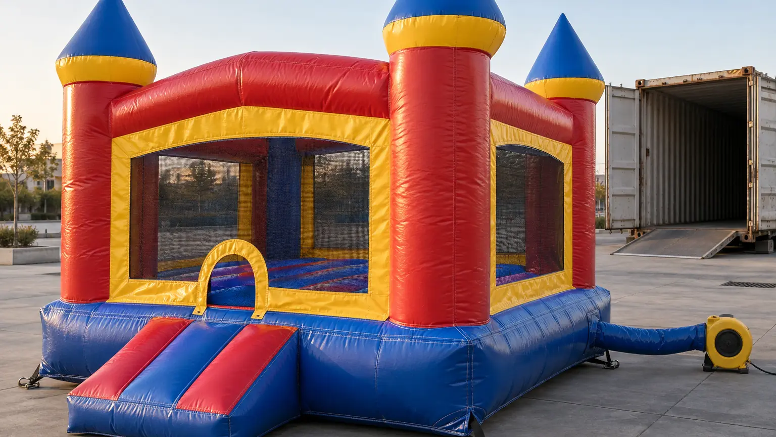 commercial inflatable bouncer castle with mesh walls and blower set up on a paved plaza, shipping container in the background