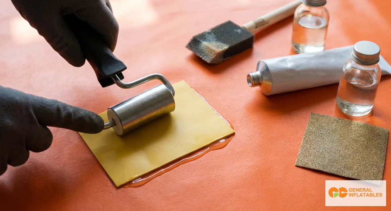 Gros plan d'une réparation par rustine à froid sur structure gonflable commerciale en cours sur une surface PVC bleu marine — matériau de rustine roulé à plat avec un rouleau à main après application d'adhésif PVC