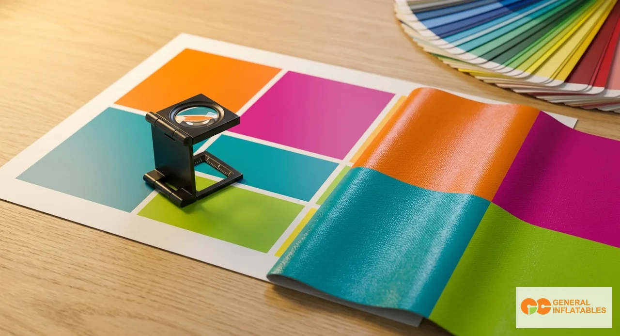 Chef de projet d'usine tenant un PDF Digital Proof imprimé à côté d'un Pre-Production Sample d'un panneau de structure gonflable commerciale personnalisée brandée, comparant la correspondance des couleurs à la lumière naturelle du jour