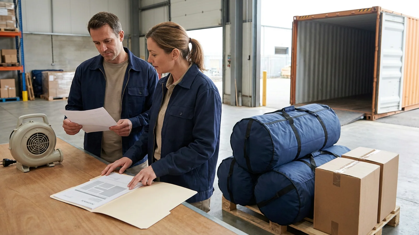 Des professionnels de la logistique comparent les documents près de structures gonflables emballées et d&rsquo;un conteneur ouvert ; illustration générée par IA.