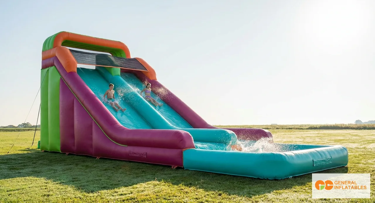 Vue latérale d'un toboggan gonflable commercial à double voie déployé sur l'herbe, environ 10 mètres de haut, deux voies de glisse parallèles en bleu et blanc avec garniture rouge, deux glisseurs à mi-descente pour l'échelle