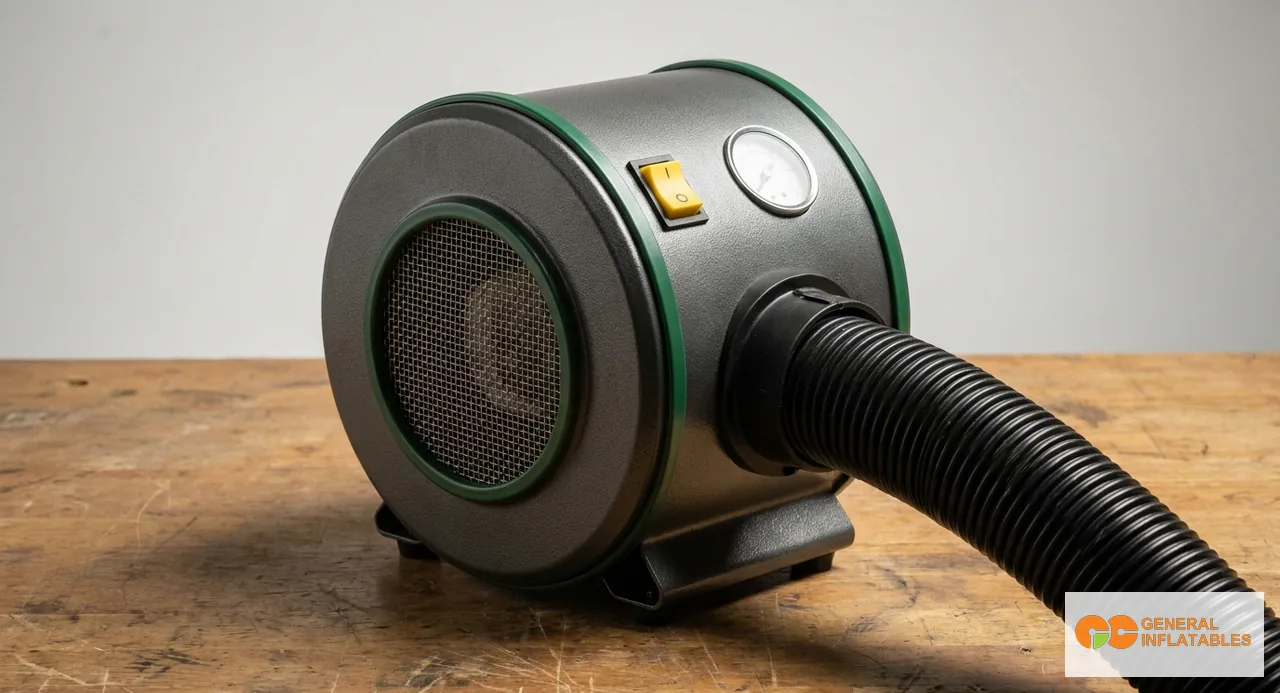 Vue latérale d'une soufflante commerciale 1.5 HP pour gonflable posée sur l'herbe à côté de son tuyau de raccordement alimentant une structure gonflable déployée, avec conduit d'air clairement visible