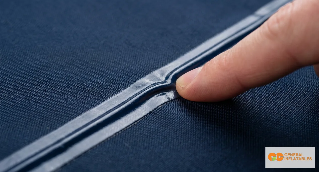 Gros plan macro montrant une couture PVC soudée propre sur la moitié gauche du cadre versus une couture cousue avec des rangées de fil parallèles visibles sur la moitié droite, les deux échantillons dans le même tissu PVC bleu pour comparaison