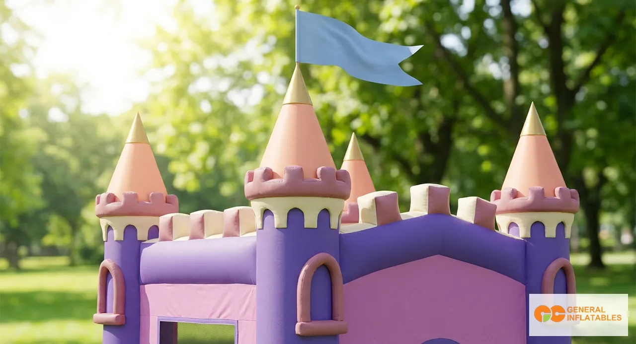 Deux châteaux gonflables commerciaux thématiques côte à côte lors d'un événement familial — un château princesse avec tourelles roses et parois en arche à gauche, un château bateau pirate avec mât et éléments de voile à droite