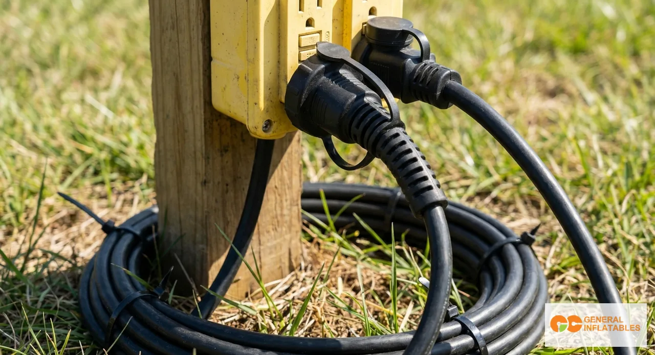Hub de distribution électrique pour événement en extérieur montrant un générateur commercial relié à plusieurs câbles de rallonge orange épais acheminés vers les souffleurs de châteaux gonflables à proximité, avec un wattmètre visible sur le panneau du générateur